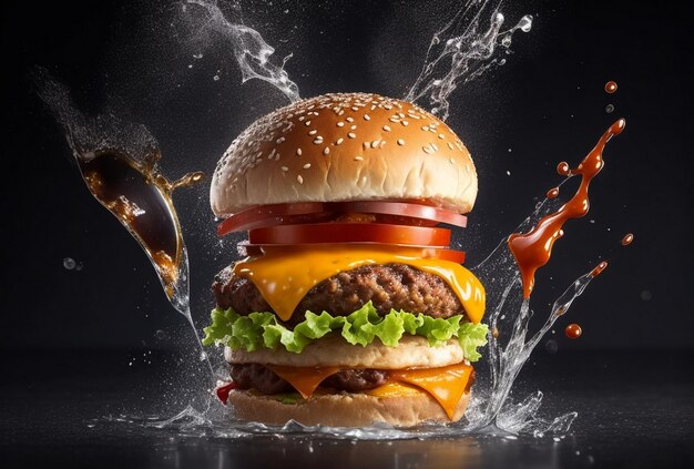 tasty hamburger with flying ingredients and splash