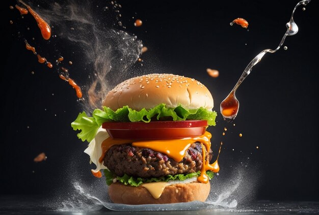 tasty hamburger with flying ingredients and splash