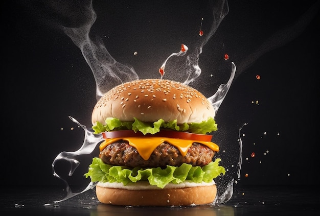 tasty hamburger with flying ingredients and splash