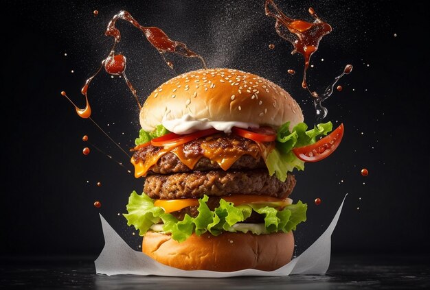 tasty hamburger with flying ingredients and splash