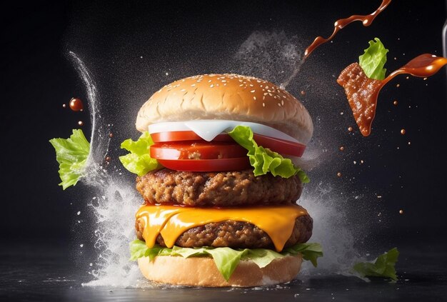 tasty hamburger with flying ingredients and splash