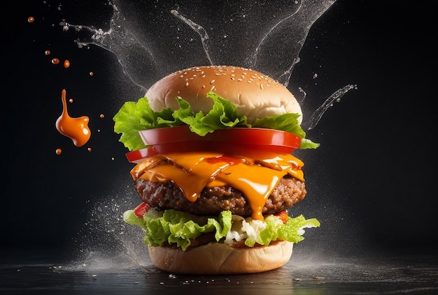 tasty hamburger with flying ingredients and splash