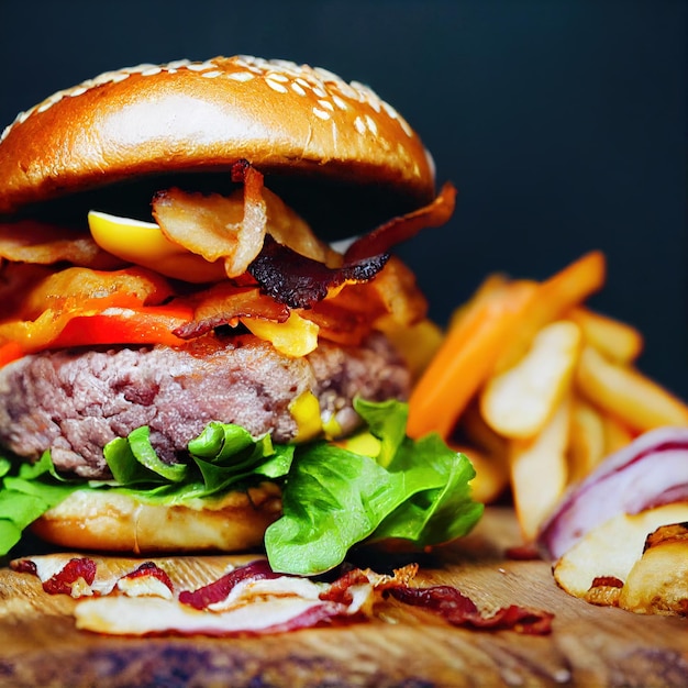 Tasty hamburger with french fries fast food meal