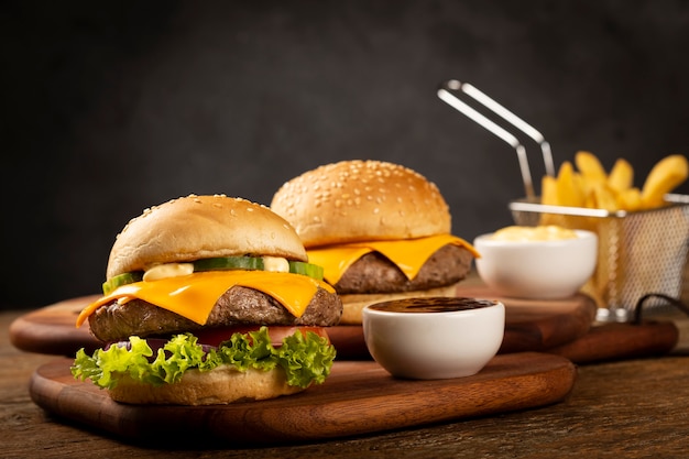 Tasty hamburger with french fries