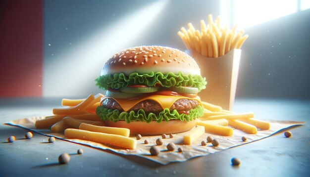 A tasty hamburger with fries representing fast food