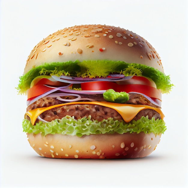 Tasty hamburger with a green lettuce and tomato on white background