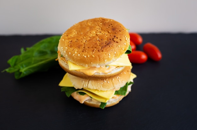 Tasty hamburger with tomatoes and onions with the background of salad and cherry tomatoes