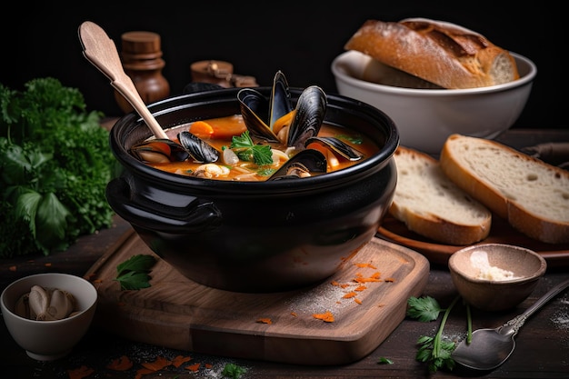 Tasty and hearty seafood soup with mussels clams and other ingredients