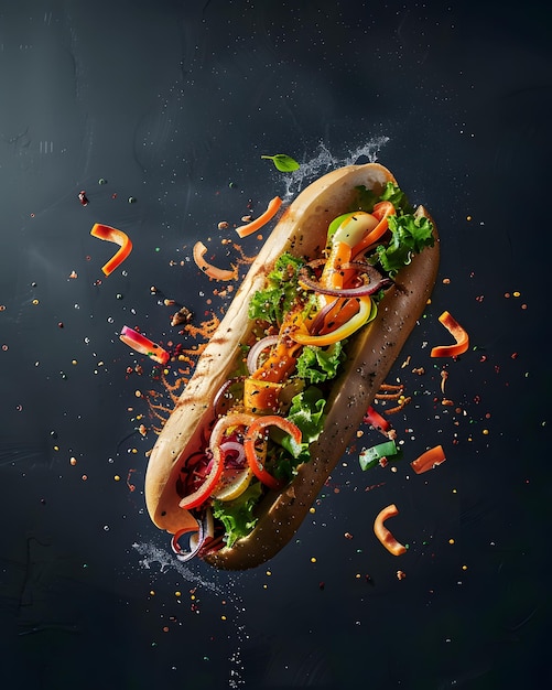 Photo tasty hoagie floating on black background