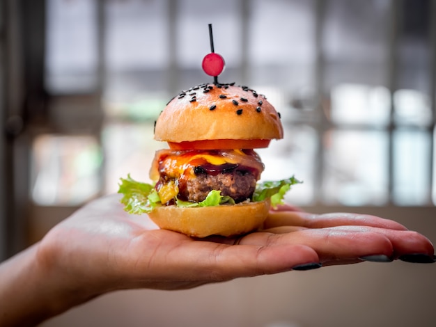 Tasty homemade burger ready to eat.