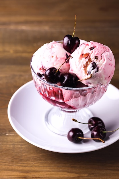 Tasty Homemade Cherry Ice Cream in Glass Bowl Tasty Homemade Ice Cream