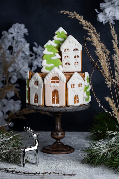 Tasty Homemade Christmas honey cake with gingerbread decorations