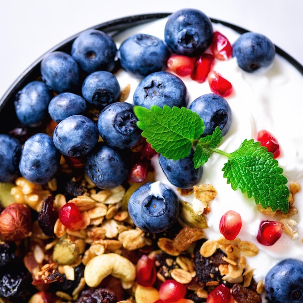 Gustoso yogurt muesli fatto in casa bacche biologiche fresche melograno menta su cemento grigio sfondo con copia spazio vista dall'alto