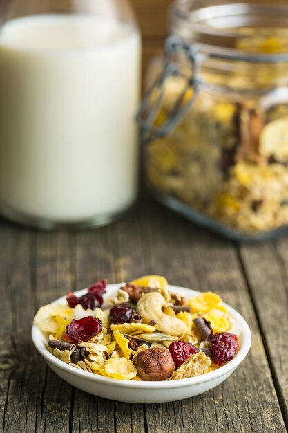 Tasty homemade muesli with nuts in bowl