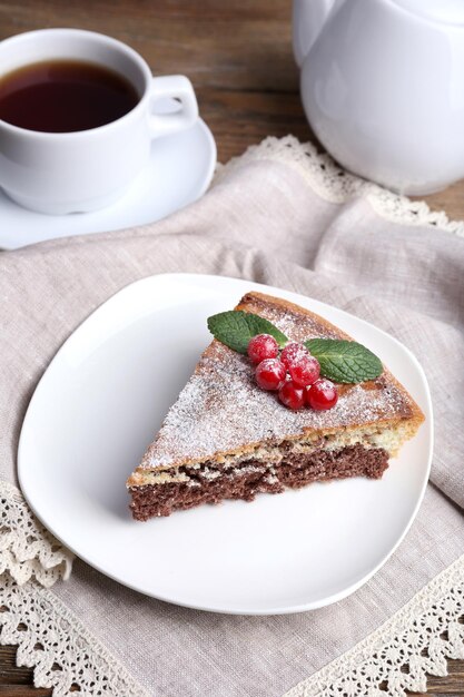 Tasty homemade pie on table