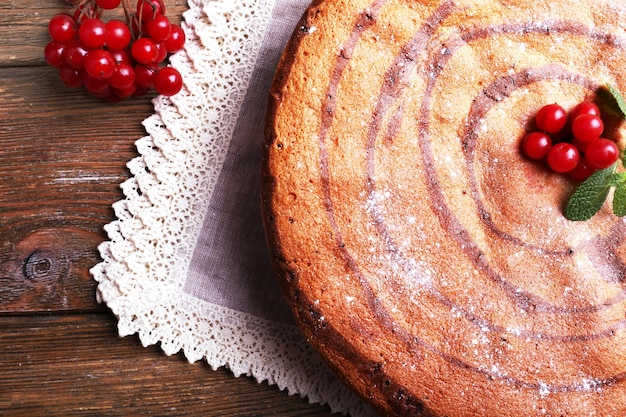 Tasty homemade pie on table