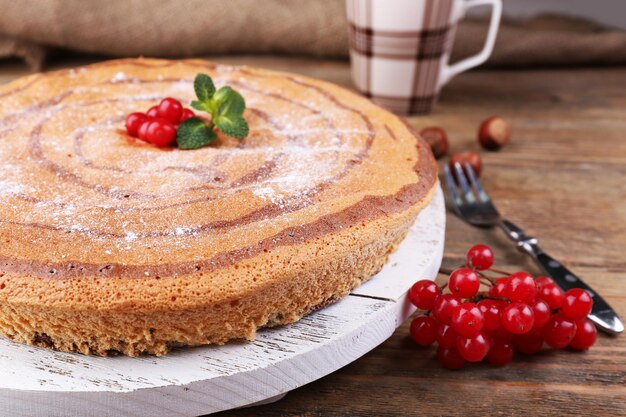 Tasty homemade pie on table