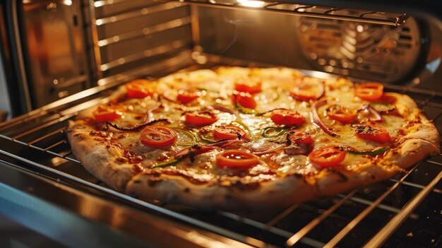 Tasty homemade pizza cooking in an oven at home