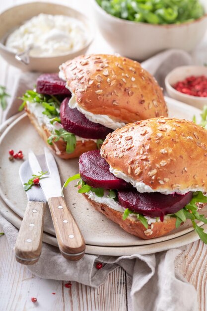 Tasty and homemade sandwich with cottage cheese and beetroot