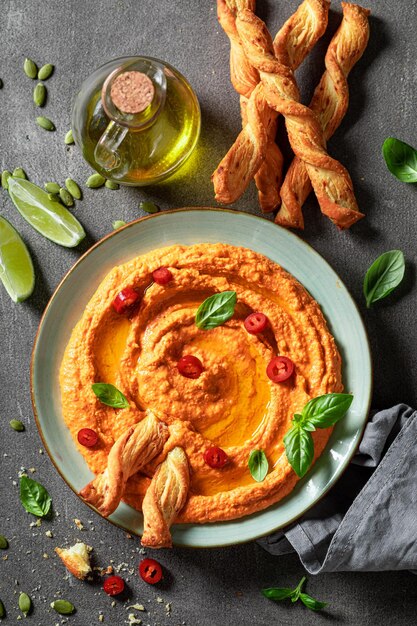 Tasty and homemade tomato hummus made of healthy ingredients