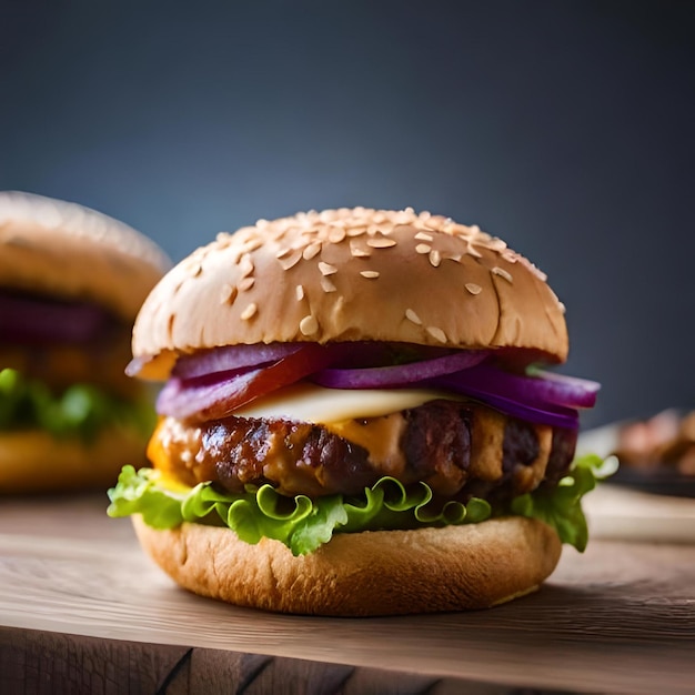 Tasty Hot Burger Hamburger On a Wooden Plate Fries in the Corner