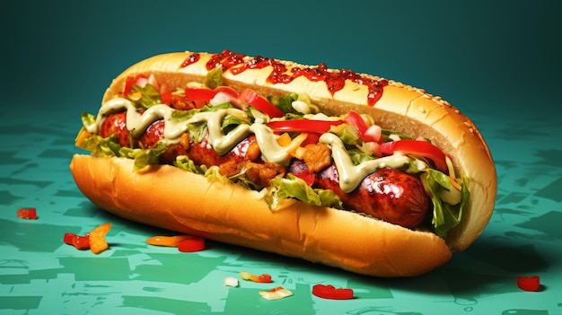 A tasty hot dog topped with ketchup mustard and lettuce