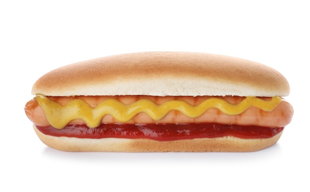 Tasty hot dog with ketchup and mustard on white background