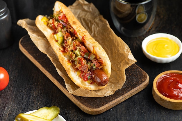 Tasty hot dog with sauses cherry tomato and cola on black background