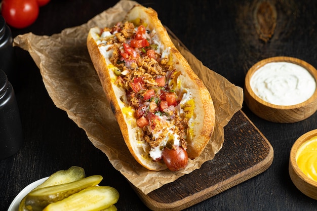 Tasty hot dog with sauses cherry tomato and cola on black background