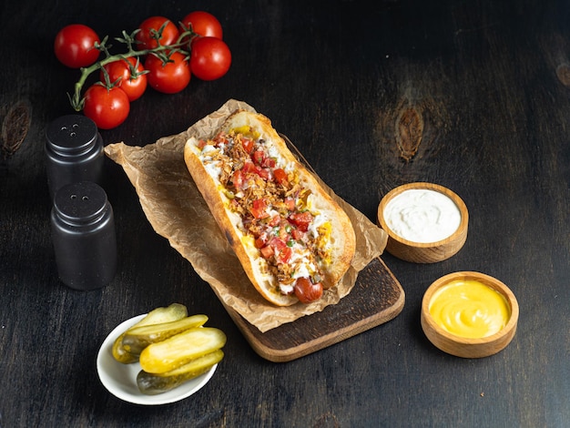 Tasty hot dog with sauses cherry tomato and cola on black background