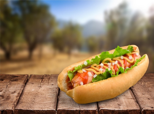 Tasty hot dog on wooden table