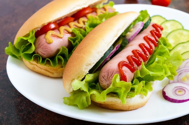 Tasty hot dogs with sausage grill, ketchup, mustard, lettuce, tomatoes on a white plate. Close up