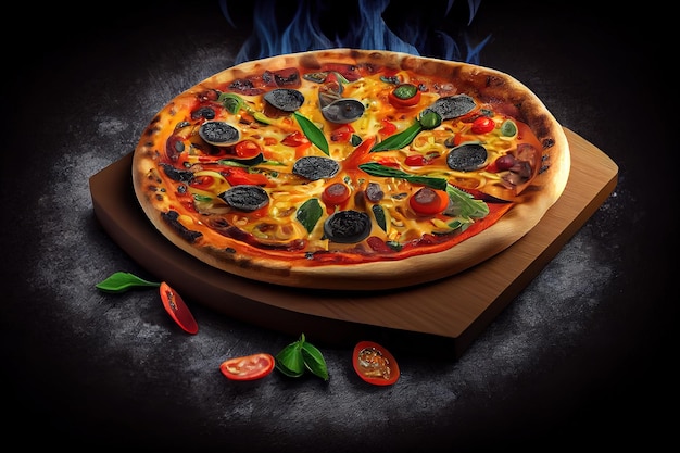 Tasty hot italian pizza on black wooden table Generative Ai