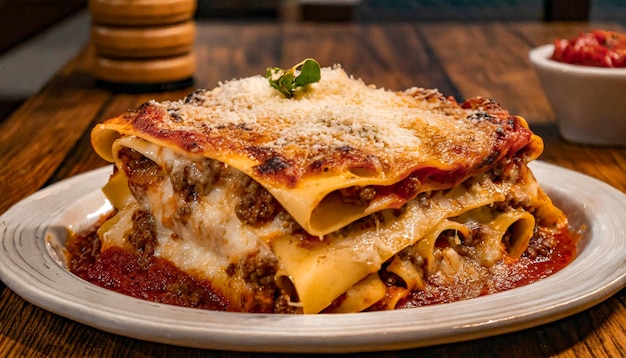 Photo tasty hot juicy of lasagna italian food menu concept food photograph closeup shot