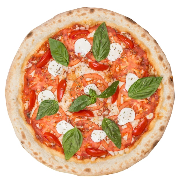 Pizza ai peperoni originale classica italiana saporita vista dall'alto isolata su bianco