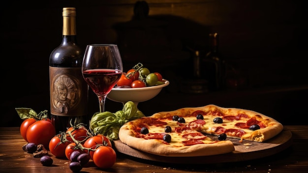Вкусная итальянская вечеринка с пиццей, макаронными изделиями и вином, оставляющая место для текста
