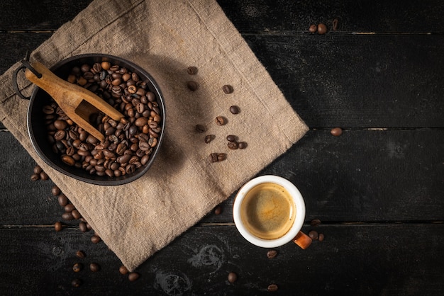 Tasty italian espresso coffee on a dark wooden table