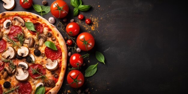 Фото Вкусная итальянская пицца крупным планом, вид сверху для текстового генеративного ай