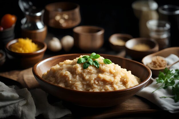 Вкусное итальянское рисовое блюдо под названием ризотто сидит на уютном кухонном столе, готовое к употреблению в пищу семьей, созданной ИИ.