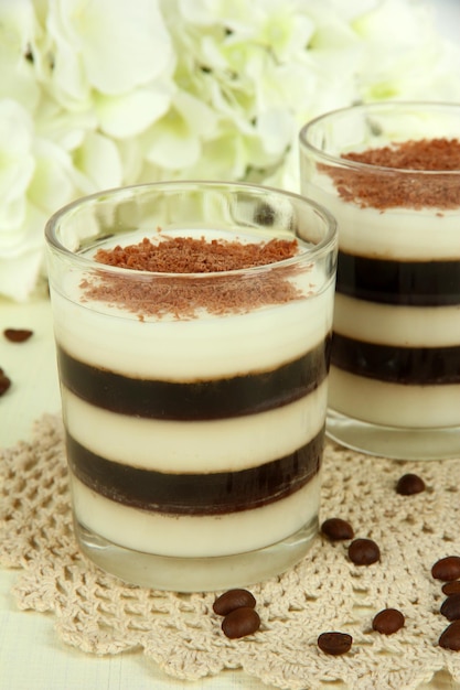 Tasty jelly coffee with milk on table on light background