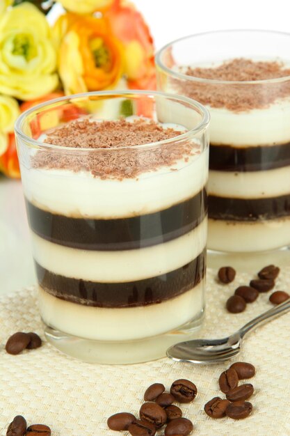 Tasty jelly coffee with milk on table on white background