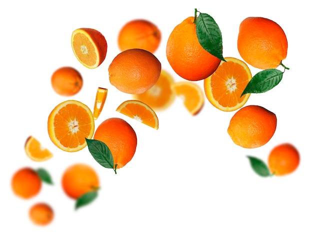 Photo tasty juicy oranges levitate on a white background healthy diet fresh fruits and vegetables