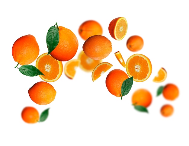 Tasty juicy oranges levitate on a white background healthy diet Fresh fruits and vegetables