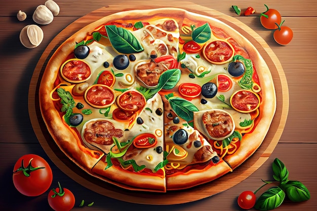 나무 배경 Generative Ai에 있는 맛있는 육즙이 많은 피자