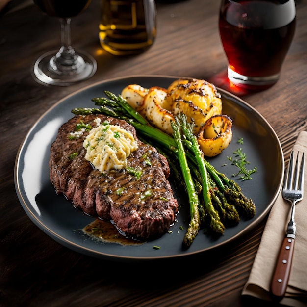 Tasty and juicy steak and asparagus half fried in a frying pan