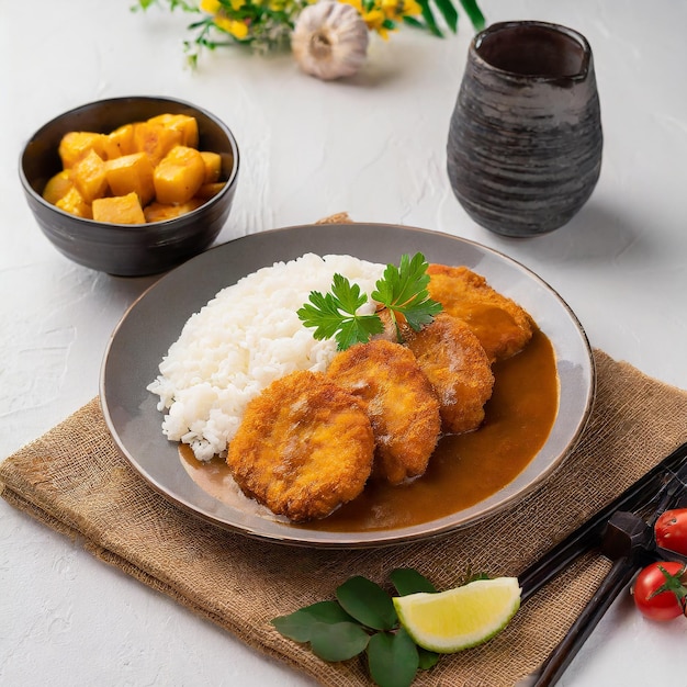 tasty katsu curry with fried chicken and sauce served with rice and mushroom on Background background