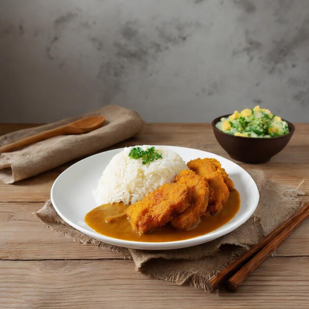 Tasty katsu curry with fried chicken and sauce served with rice and mushroom on background background