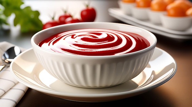 Tasty ketchup in plate with brade on white