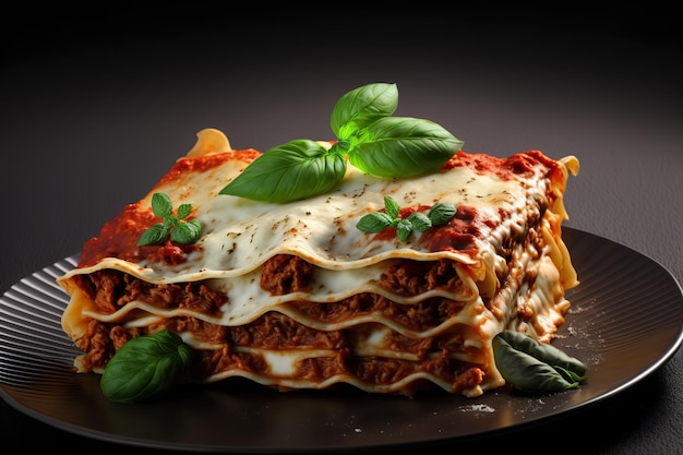 Tasty lasagna with beef and fresh basil leaves