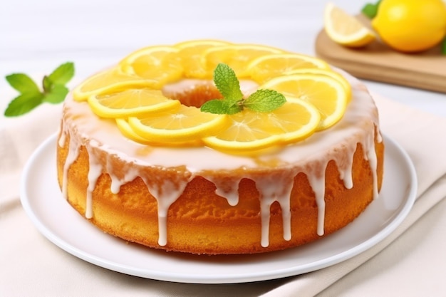 Tasty lemon cake with glaze on white table closeup